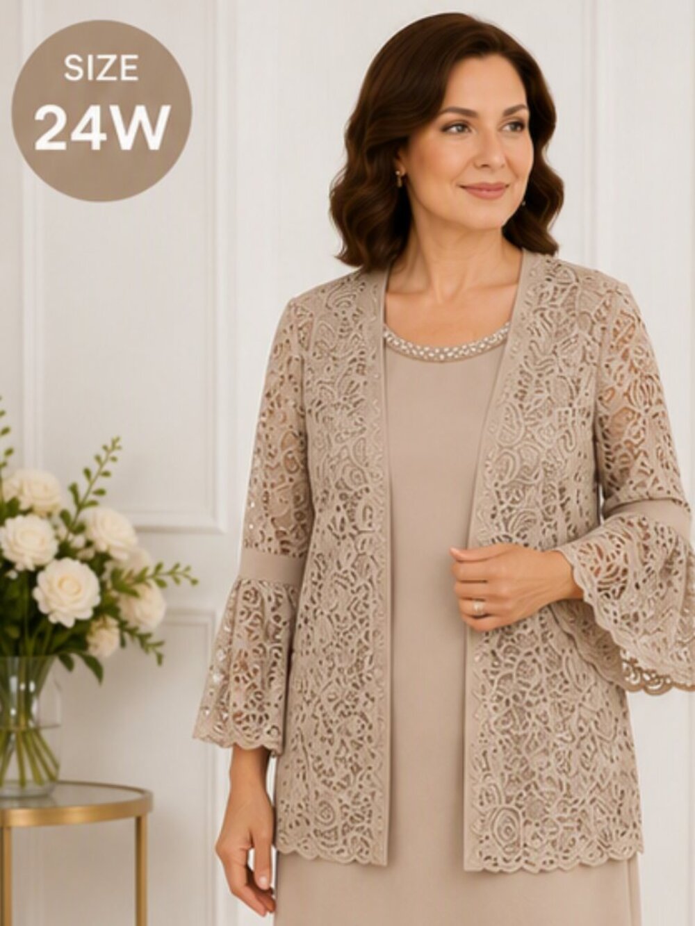 Maya Brooke Beige Lace Overlay Dress - Picture 12 of 12